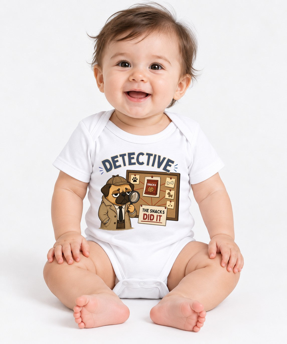 Detective The Snacks Did It Funny Sherlock Pug Dog Mystery Humor - White