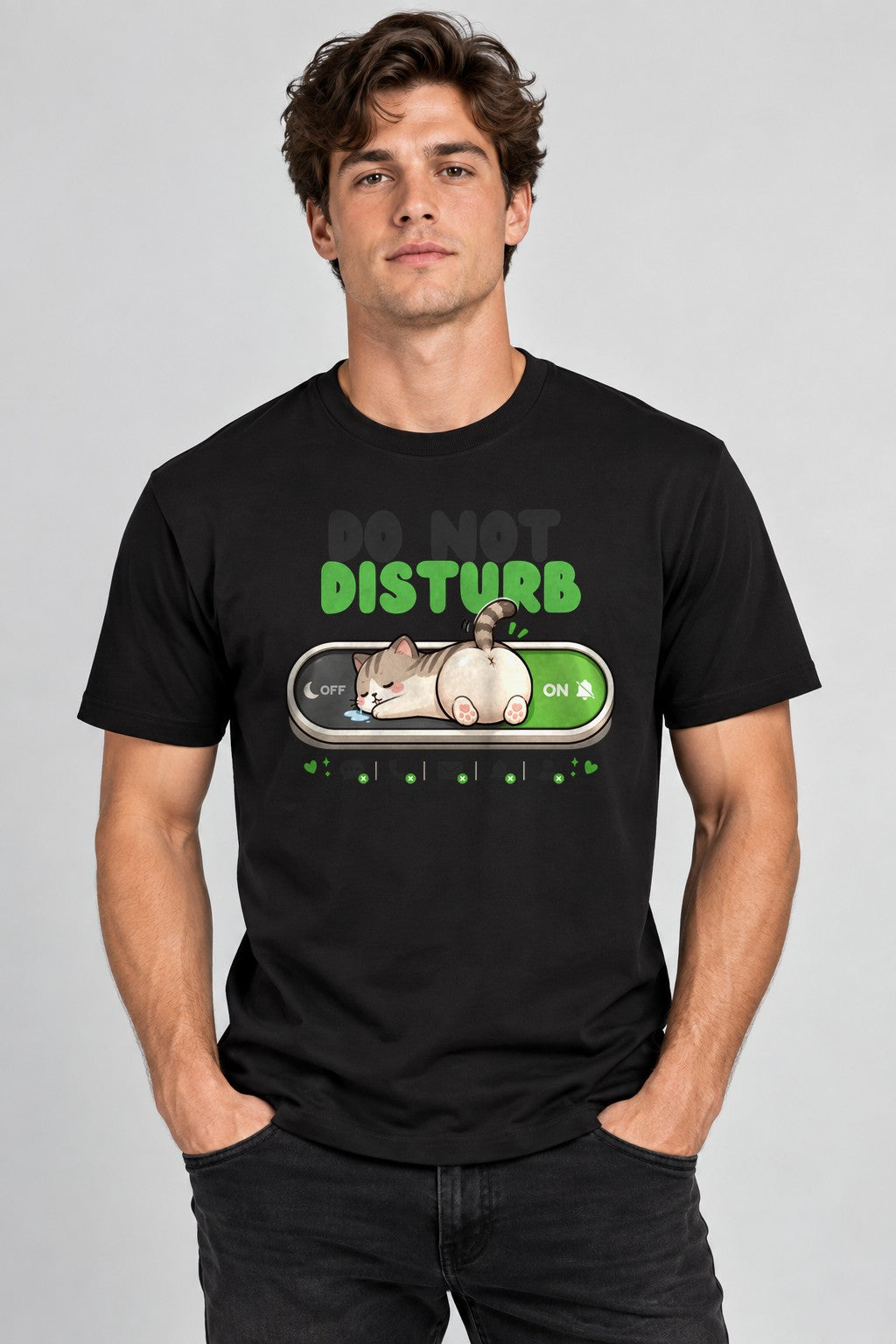 Do Not Disturb - Cute Sleeping Cat Toggle Switch Introvert Graphic T-Shirt - Black
