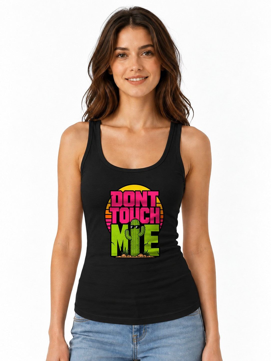 Don't Touch Me Cactus Shirt - Retro Desert Sunset Graphic Tee - Black