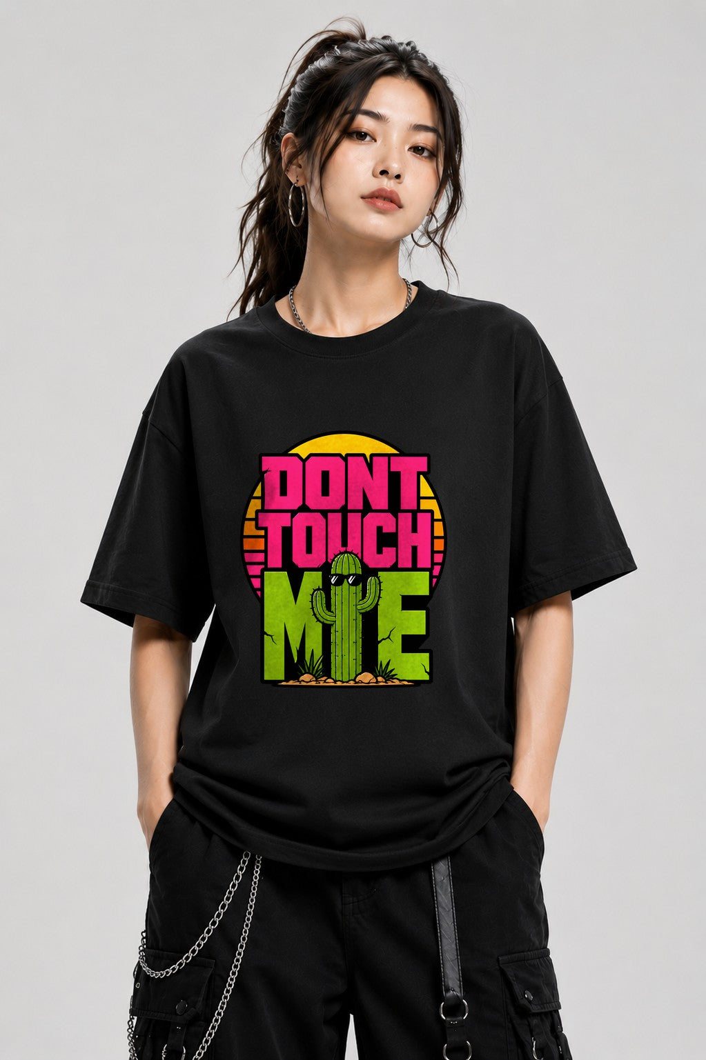 Don't Touch Me Cactus Shirt - Retro Desert Sunset Graphic Tee - Black