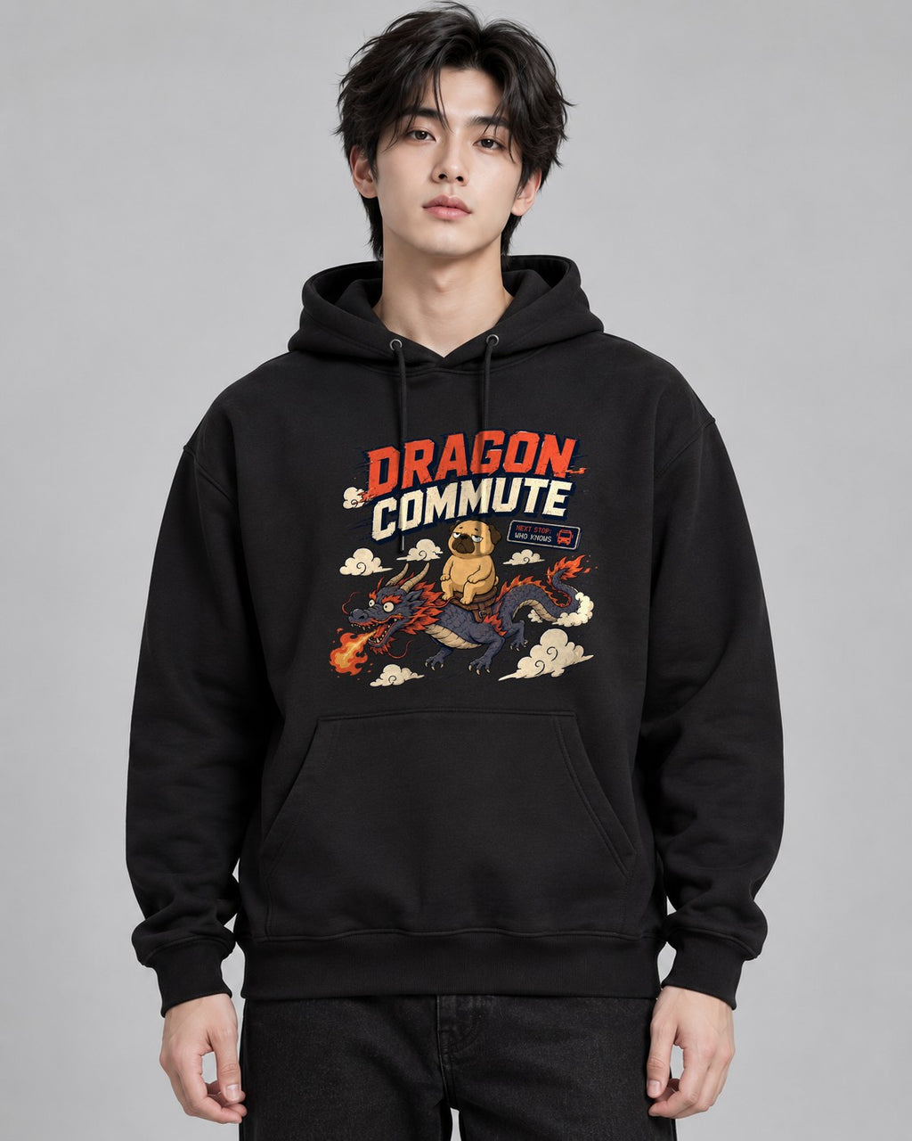 Dragon Commute Funny Pug Riding Asia - Black