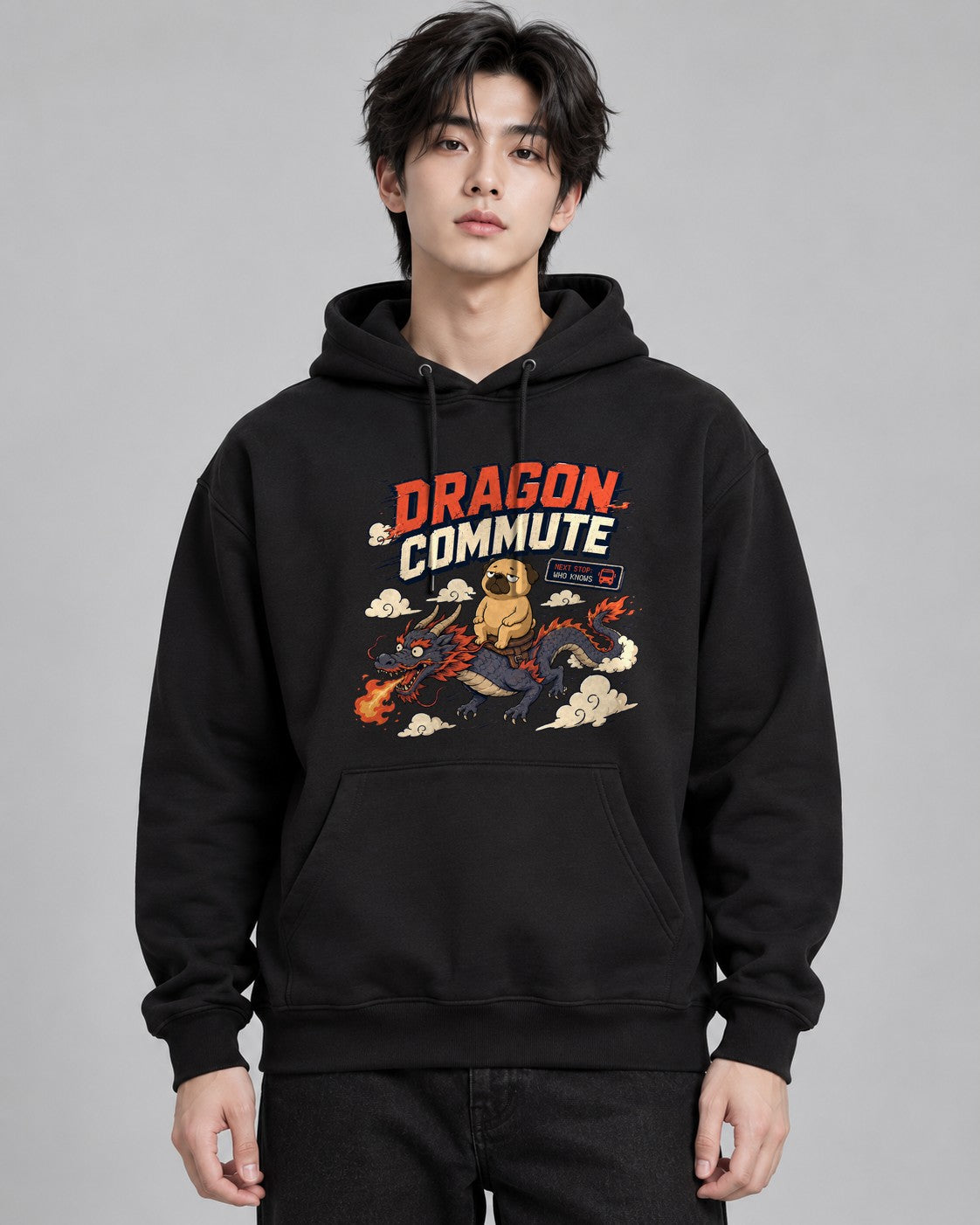 Dragon Commute Funny Pug Riding Asia - Black