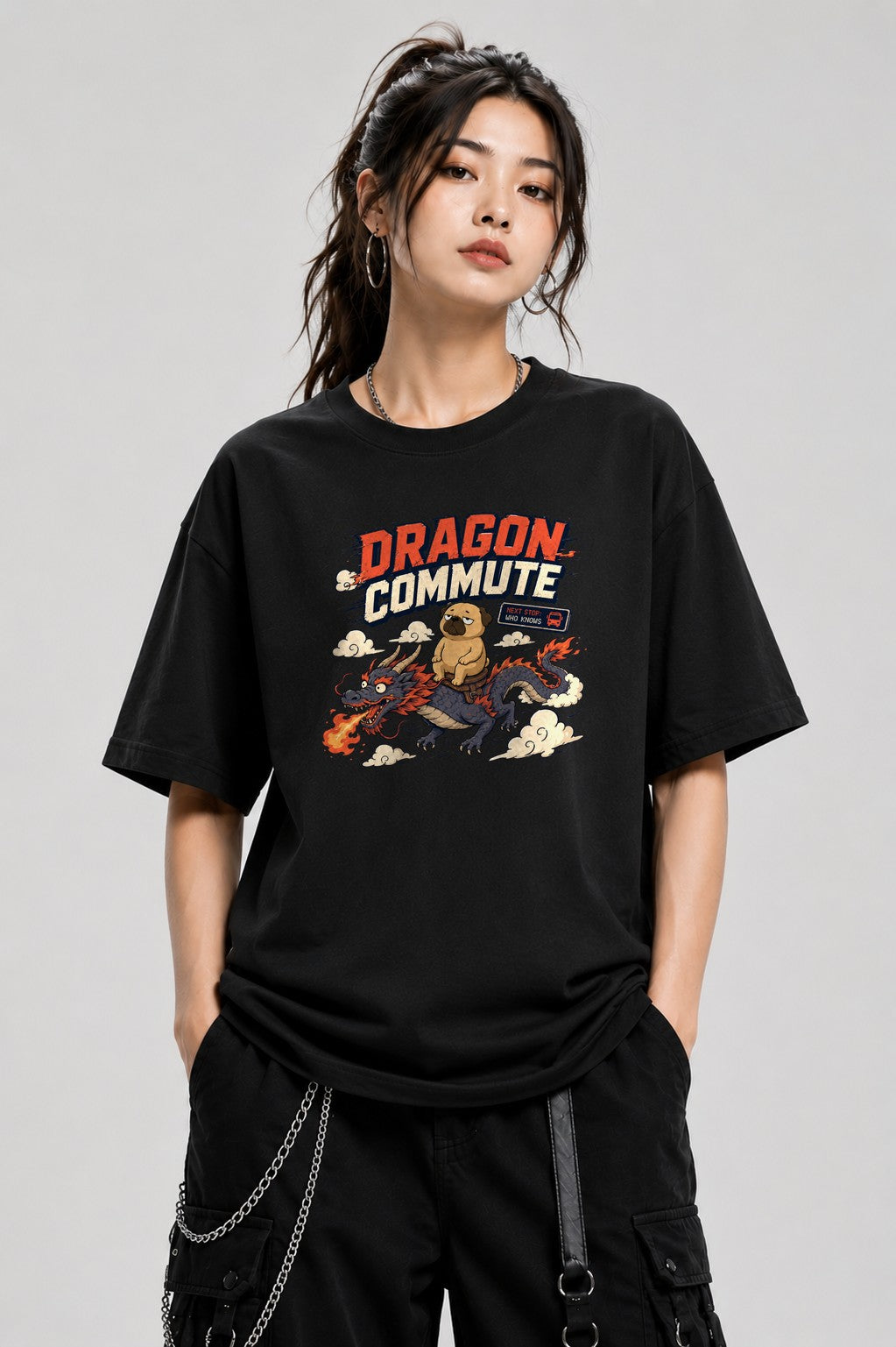 Dragon Commute Funny Pug Riding Asia - Black