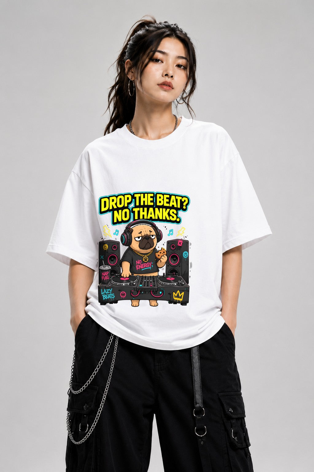 Drop The Beat Pug DJ Shirt - Funny Music Lover Gift - White