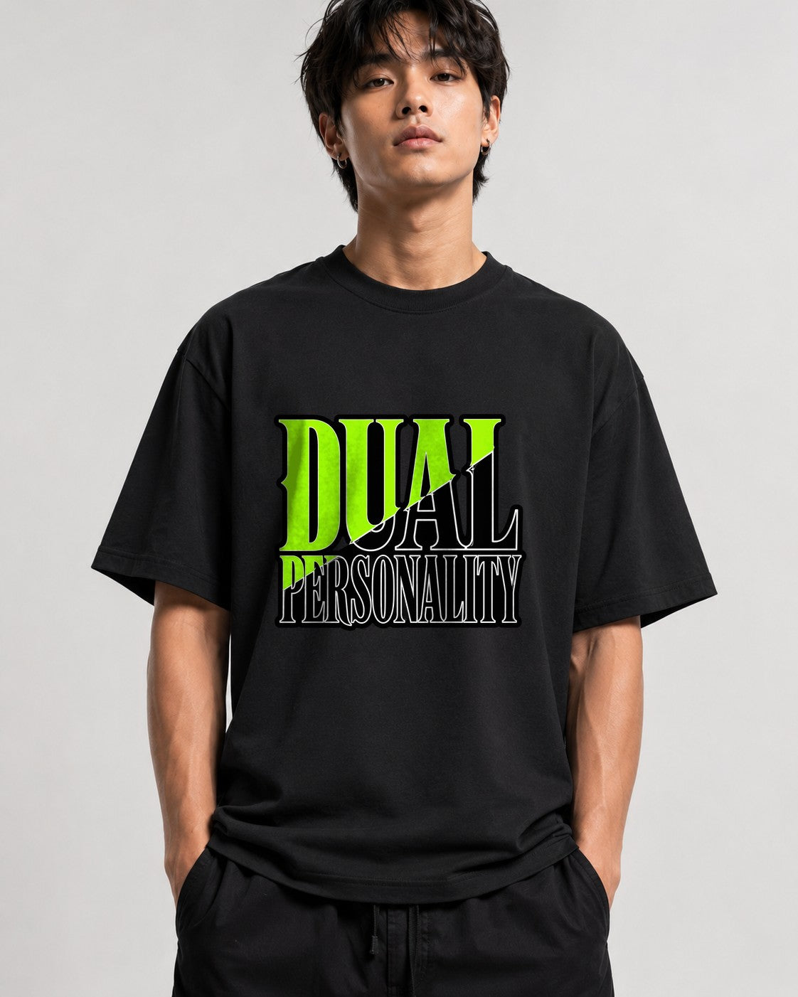 Dual Personality Graphic Tee - Bold Statement Typography Design - Black