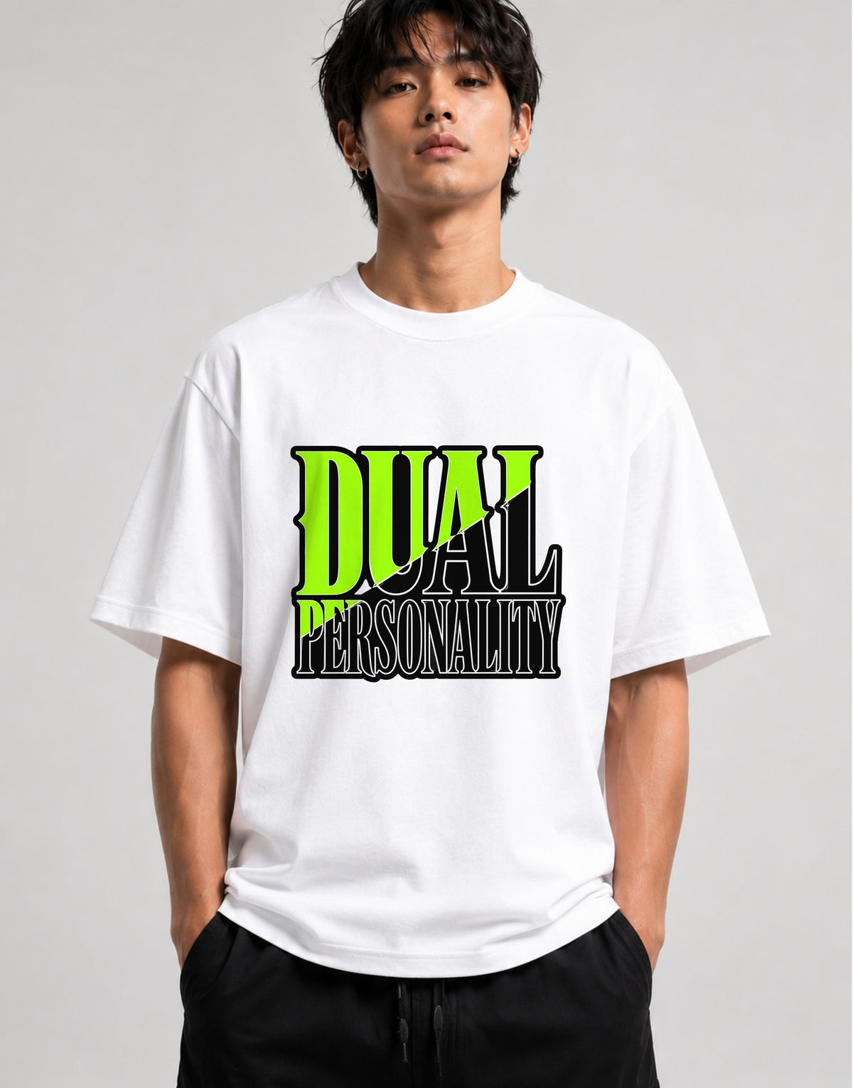 Dual Personality Graphic Tee - Bold Statement Typography Design - White