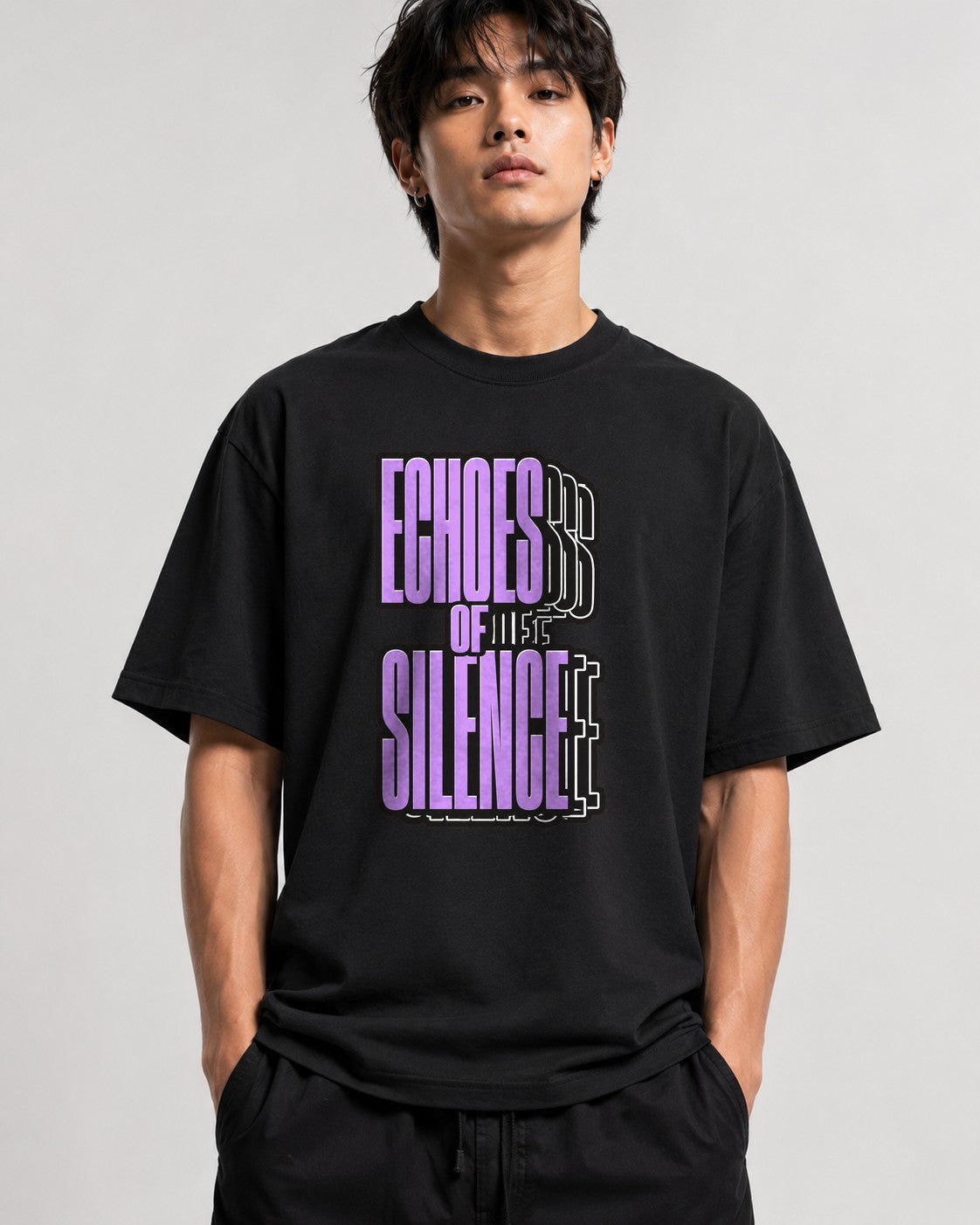 Echoes of Silence Typography Tee - Retro 3D Lettering Graphic - Black