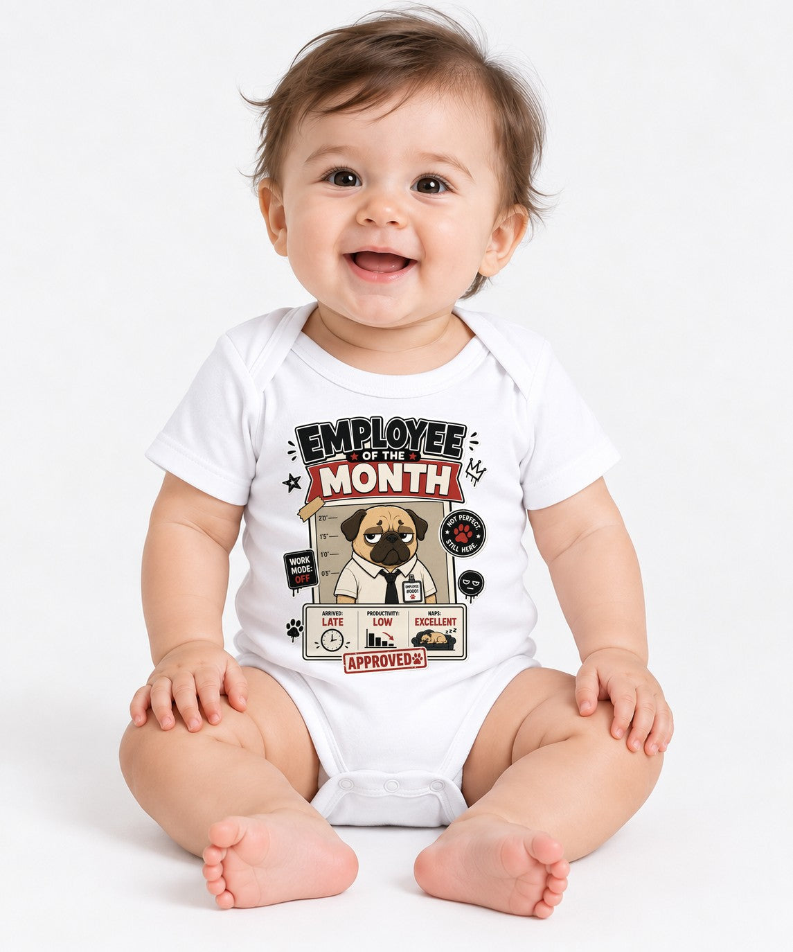 Employee Of The Month Funny Lazy Pug Office Humor Work Mugshot - White