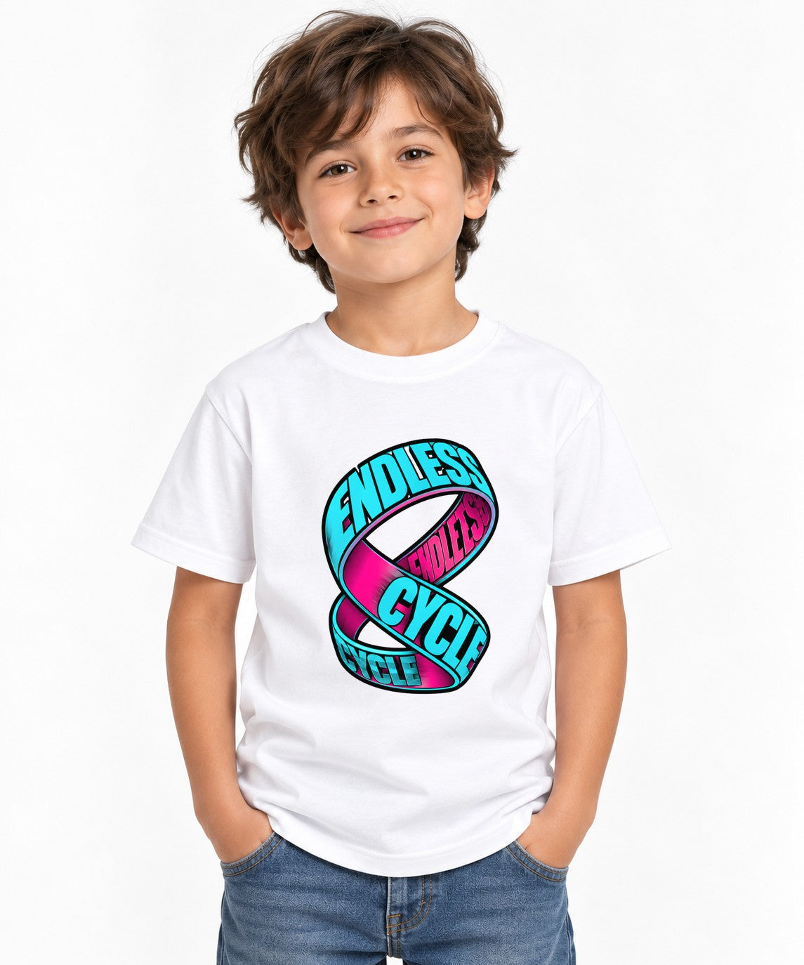 Endless Cycle Möbius Strip Graphic Tee - Bold Typography Art - White
