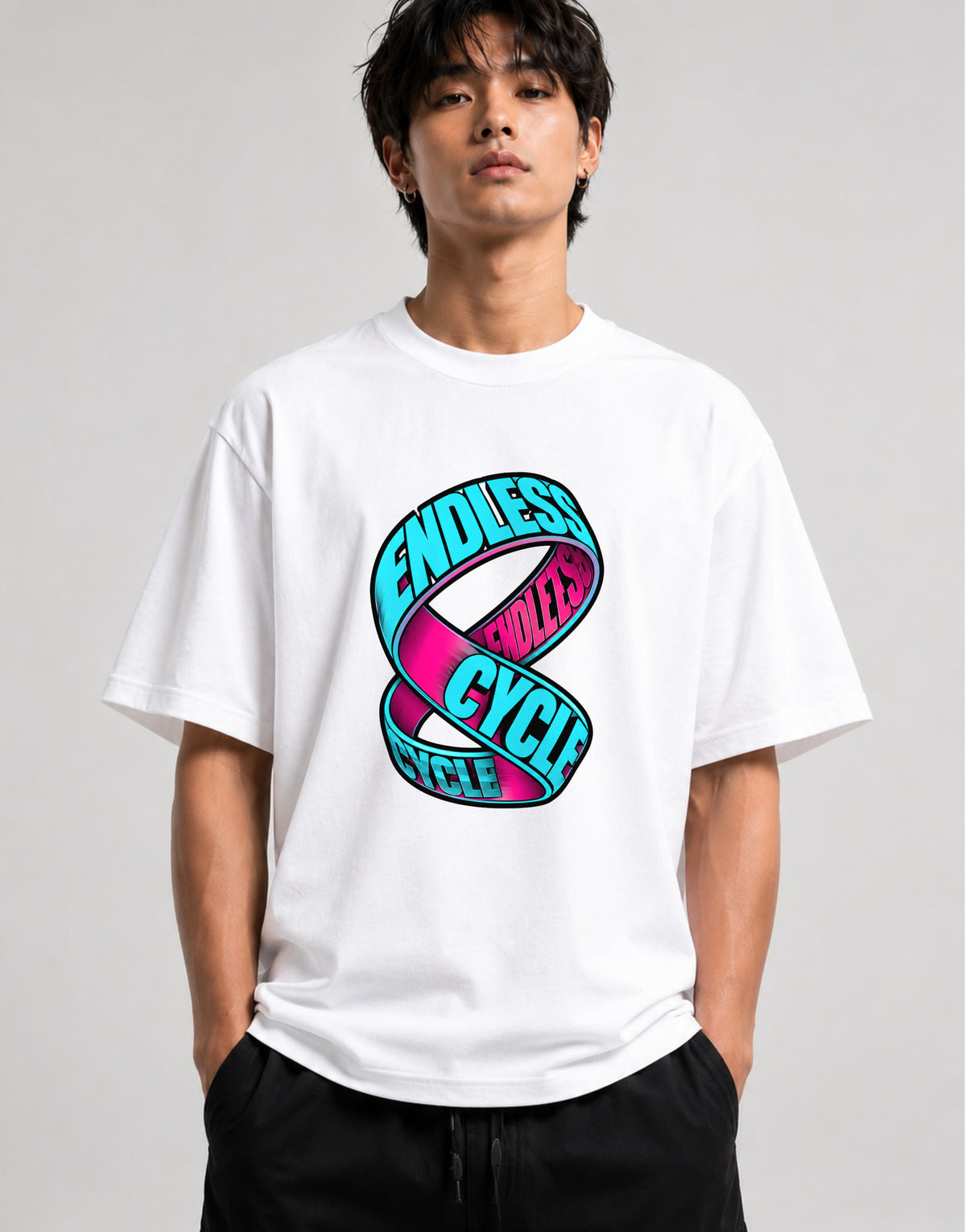 Endless Cycle Möbius Strip Graphic Tee - Bold Typography Art - White