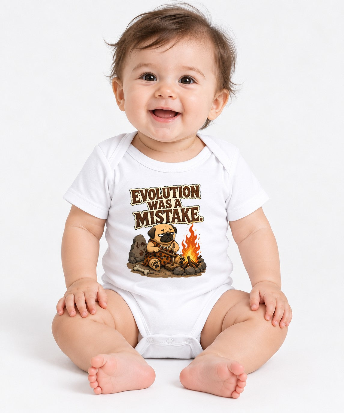 Evolution Was A Mistake Pug Shirt - Funny Caveman Dog Meme Tee - White