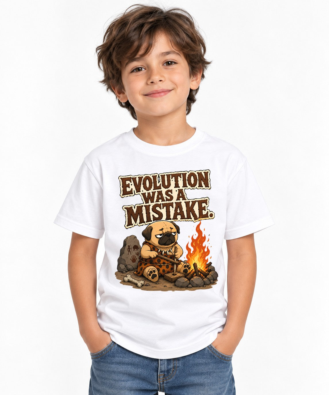 Evolution Was A Mistake Pug Shirt - Funny Caveman Dog Meme Tee - White