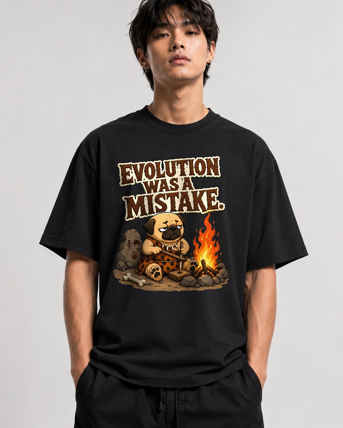 Evolution Was A Mistake Pug Shirt - Funny Caveman Dog Meme Tee - Black