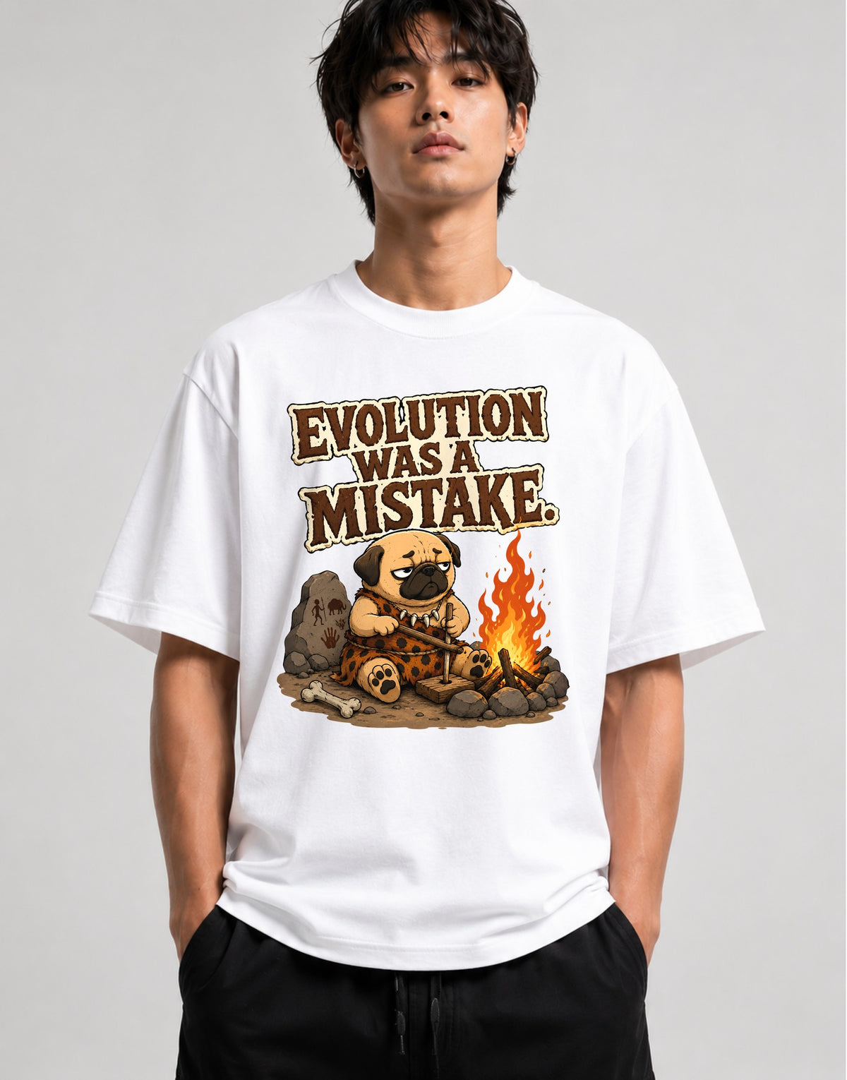 Evolution Was A Mistake Pug Shirt - Funny Caveman Dog Meme Tee - White