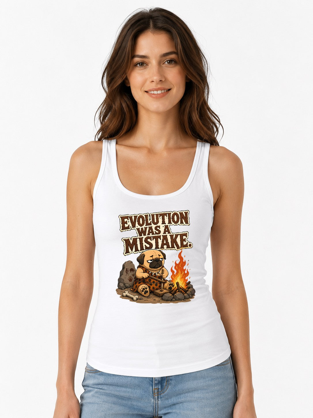 Evolution Was A Mistake Pug Shirt - Funny Caveman Dog Meme Tee - White