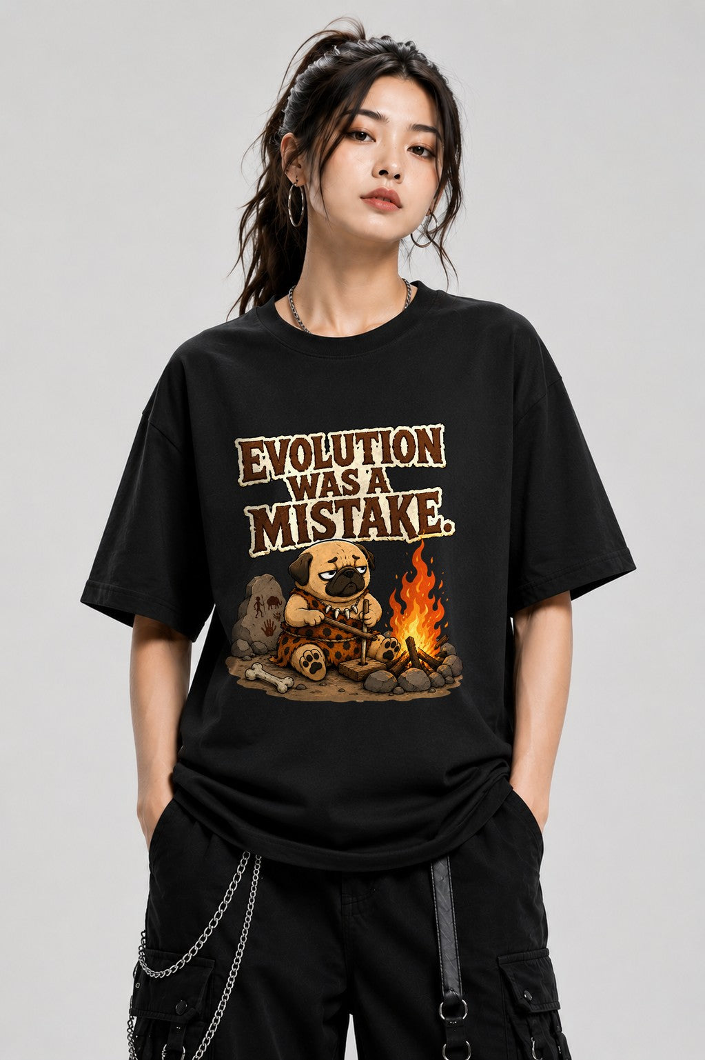 Evolution Was A Mistake Pug Shirt - Funny Caveman Dog Meme Tee - Black