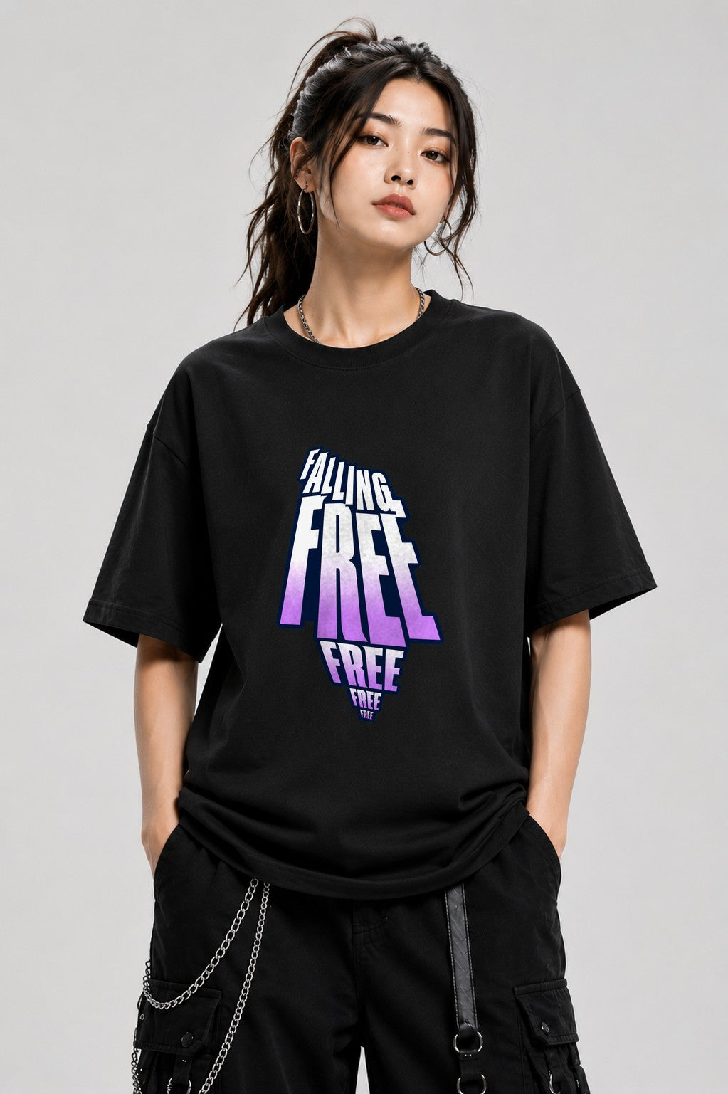 Falling Free Typography Shirt - Bold 3D Lettering Graphic Tee - Black