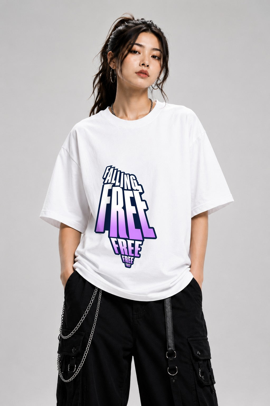 Falling Free Typography Shirt - Bold 3D Lettering Graphic Tee - White