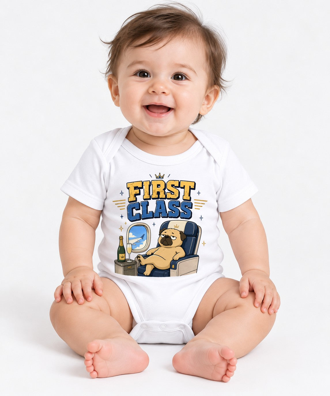 First Class Grumpy Pug Airplane Champagne Luxury Travel Humor - White