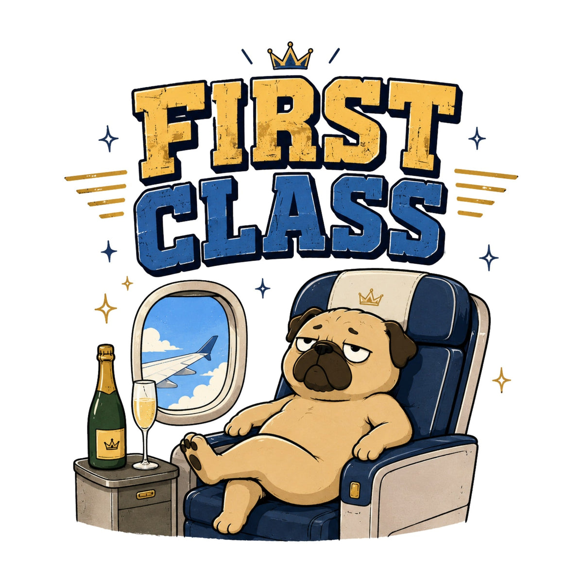 First Class Grumpy Pug Airplane Champagne Luxury Travel Humor