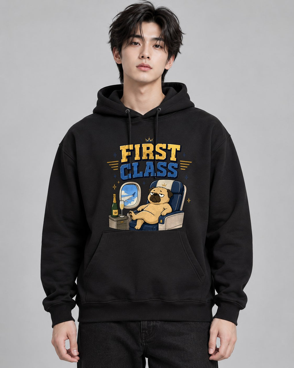 First Class Grumpy Pug Airplane Cham - Black