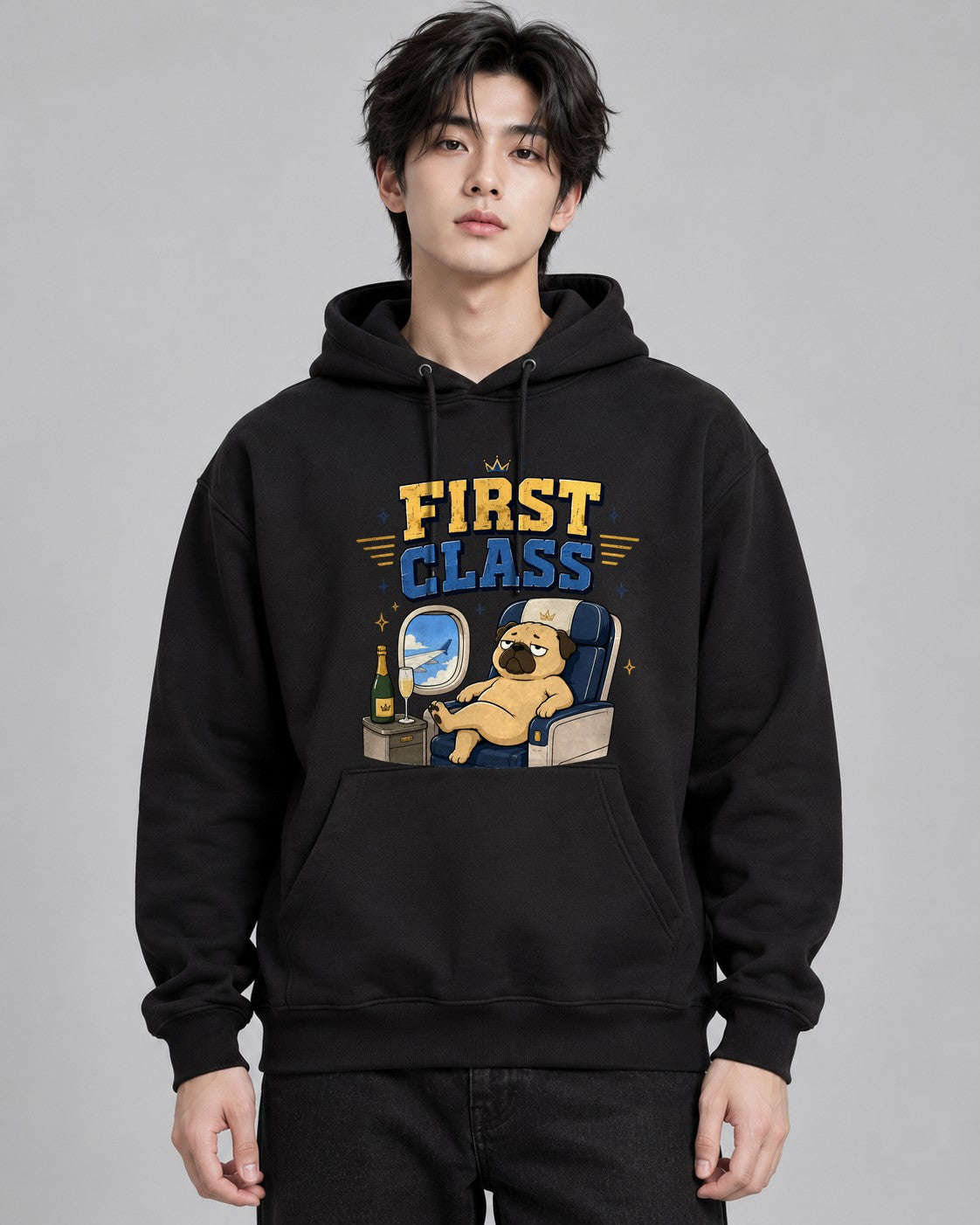 First Class Grumpy Pug Airplane Cham - Black
