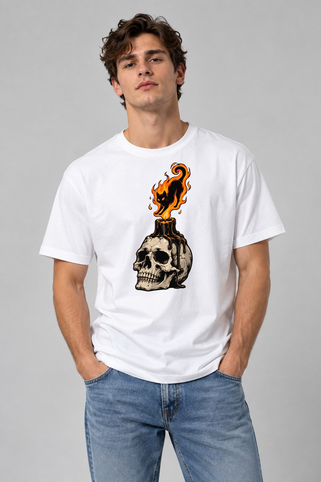 Flaming Cat Skull Candle - White