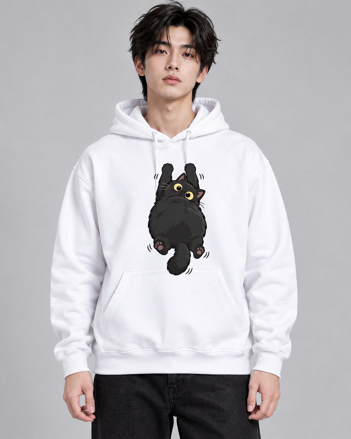 Fluffy Black Cat - White