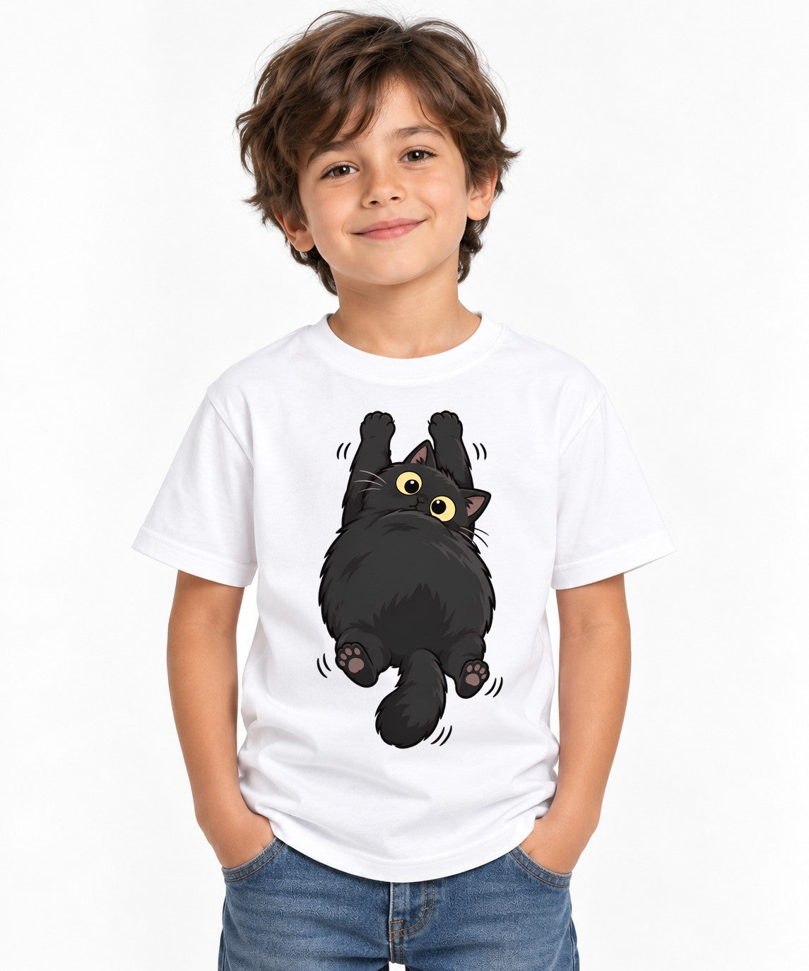 Fluffy Black Cat - White