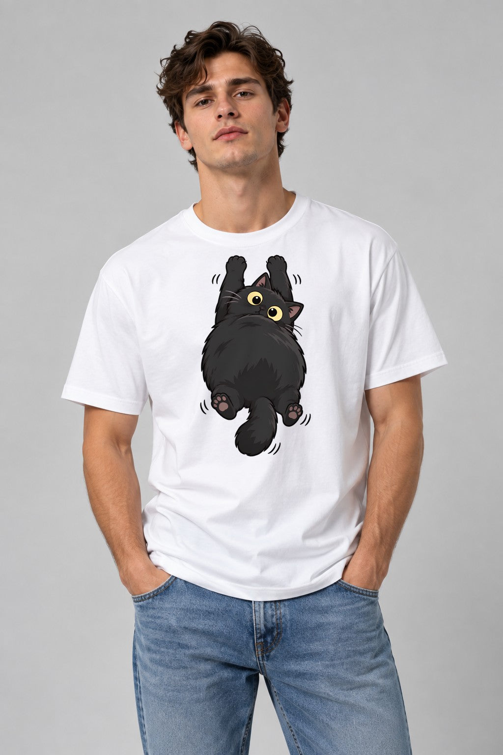 Fluffy Black Cat - White