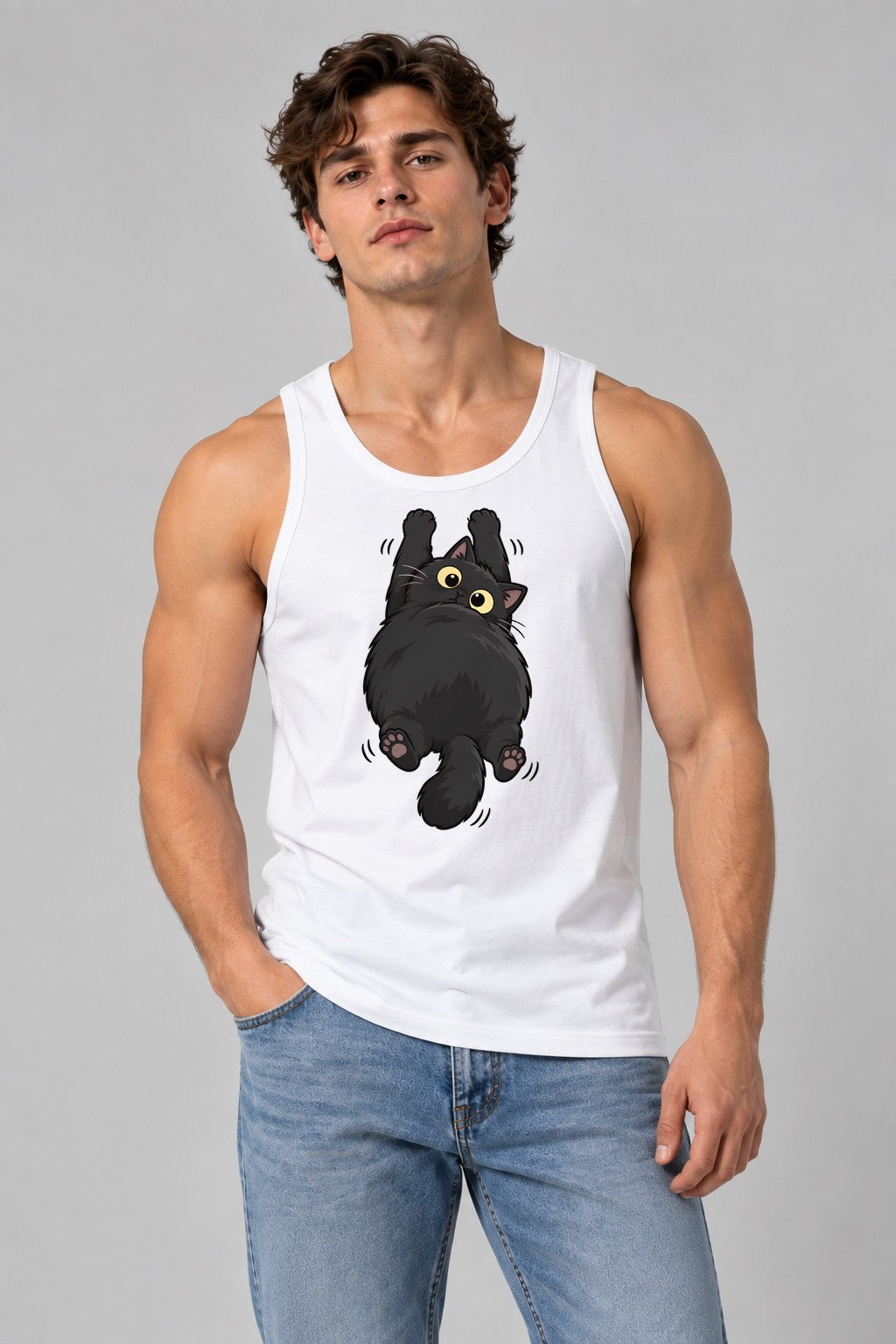 Fluffy Black Cat - White