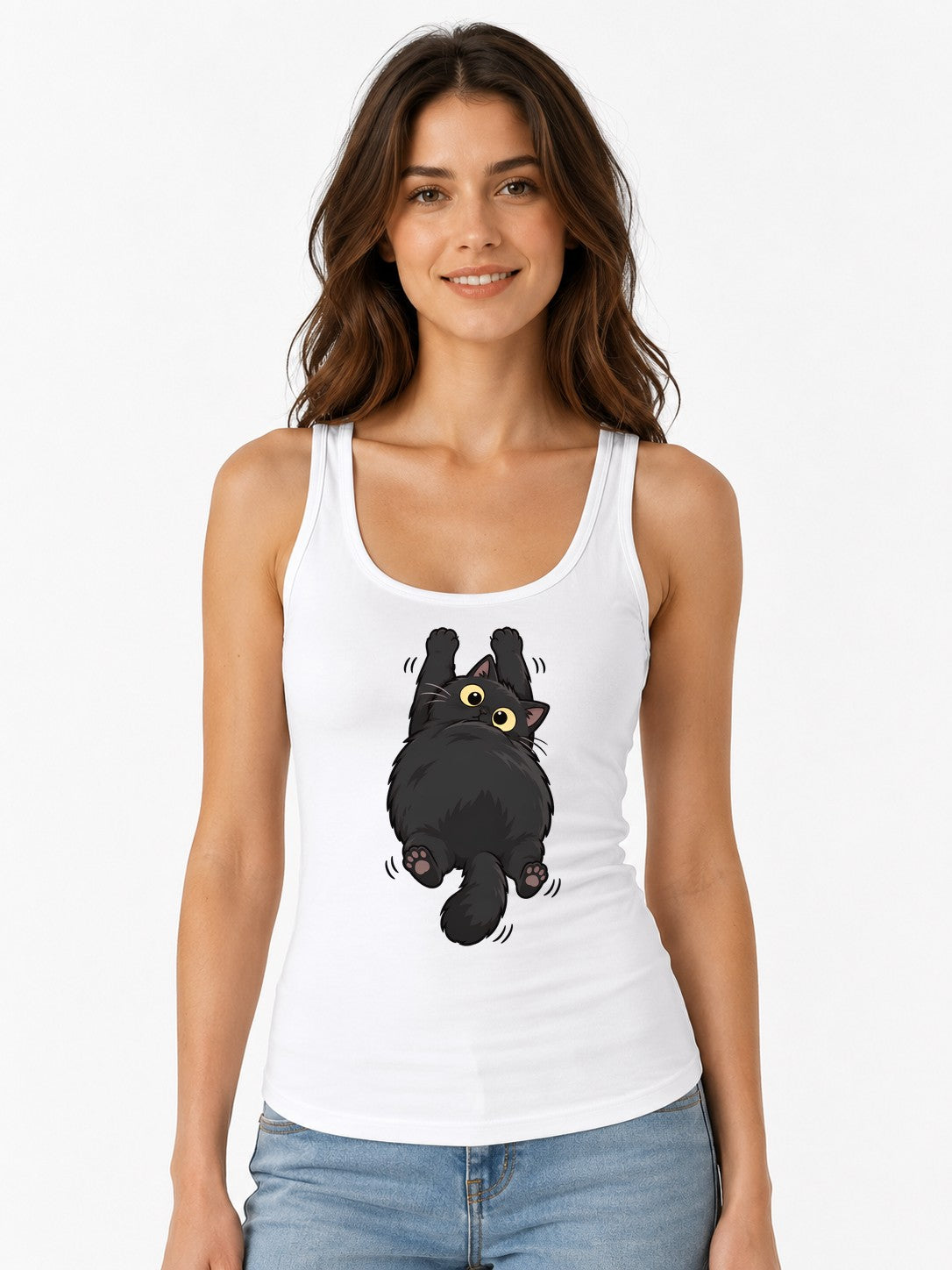 Fluffy Black Cat - White