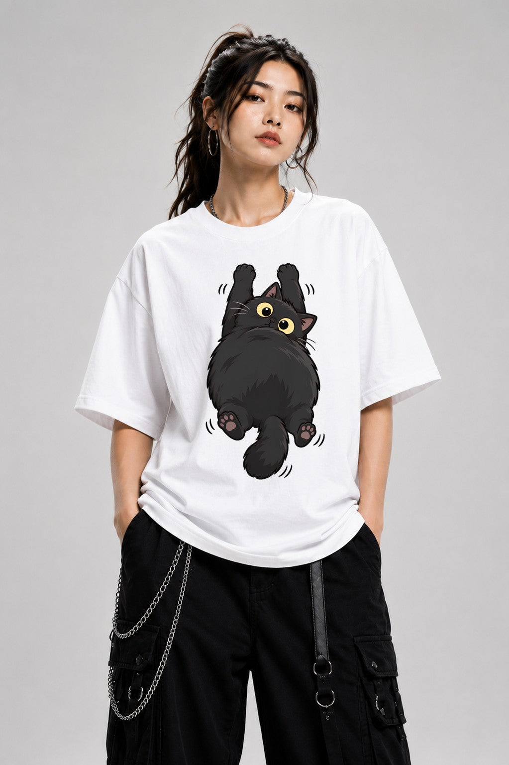 Fluffy Black Cat - White