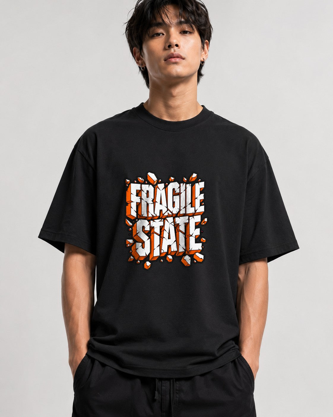 Fragile Shattered State Graphic Tee - Bold Typography Design - Black