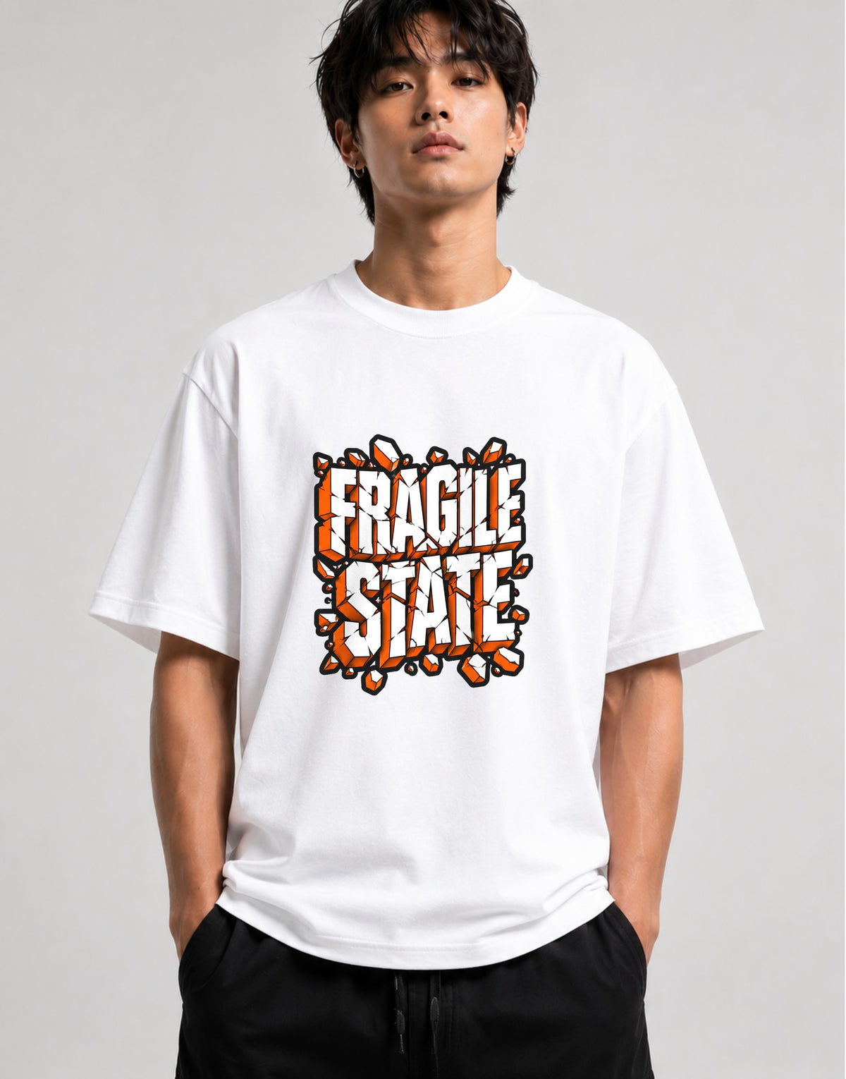 Fragile Shattered State Graphic Tee - Bold Typography Design - White