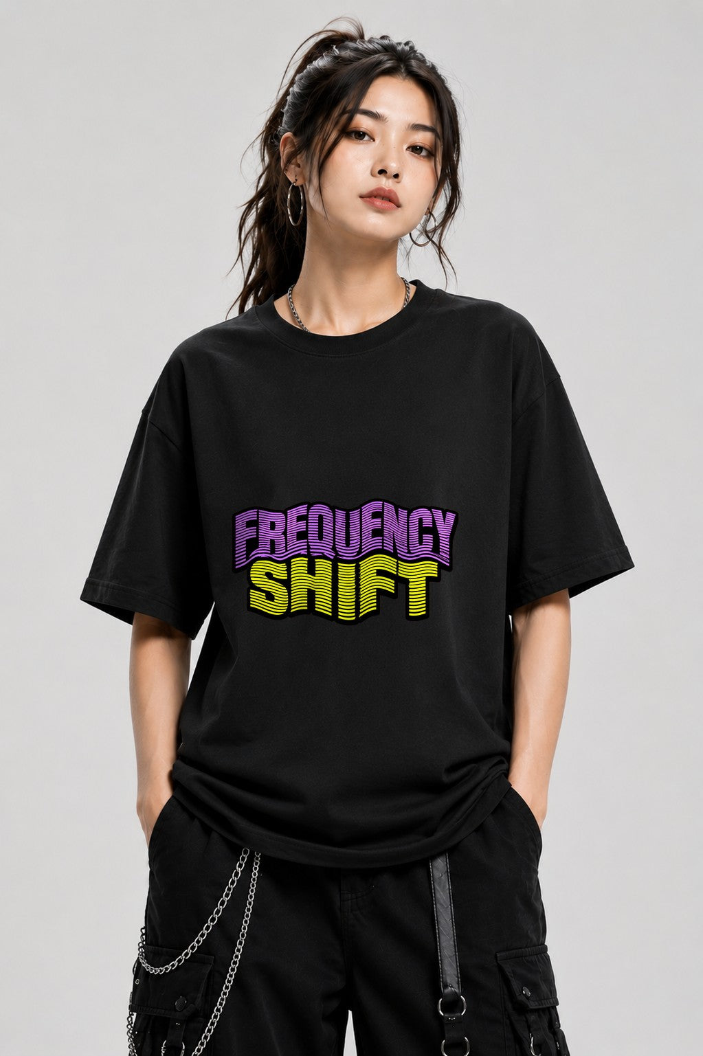 Frequency Shift Retro Wave Graphic Tee - 80s Vaporwave Style - Black