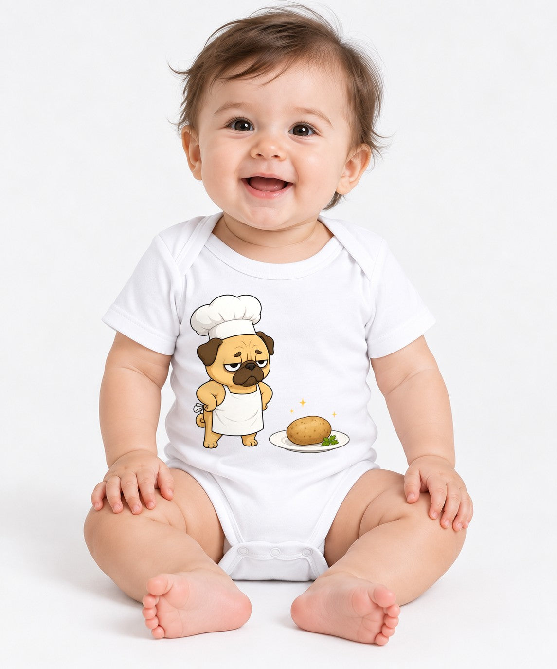Funny Grumpy Chef Pug Potato Dinner Dog Meme - White