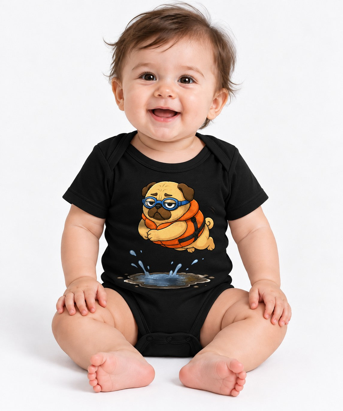 Funny Swimming Pug Dog Life Jacket Goggles Summer Water Puddle Humor - Black