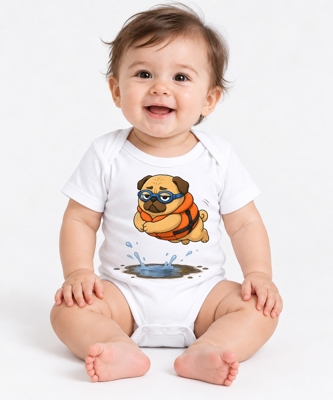 Funny Swimming Pug Dog Life Jacket Goggles Summer Water Puddle Humor - White