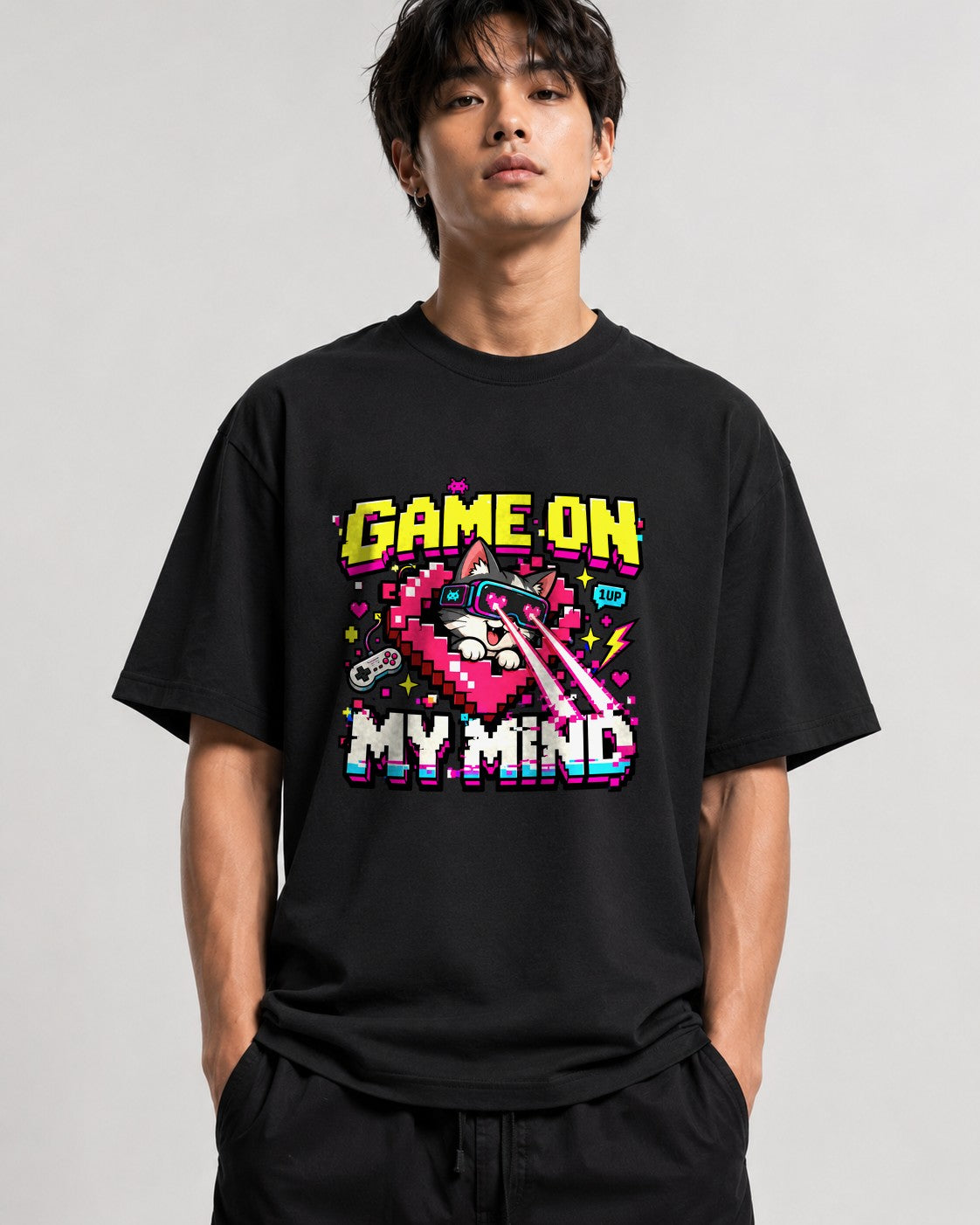 Game On Lvl Max Retro Gamer Shirt - Pixel Art Cat Gaming Tee - Black