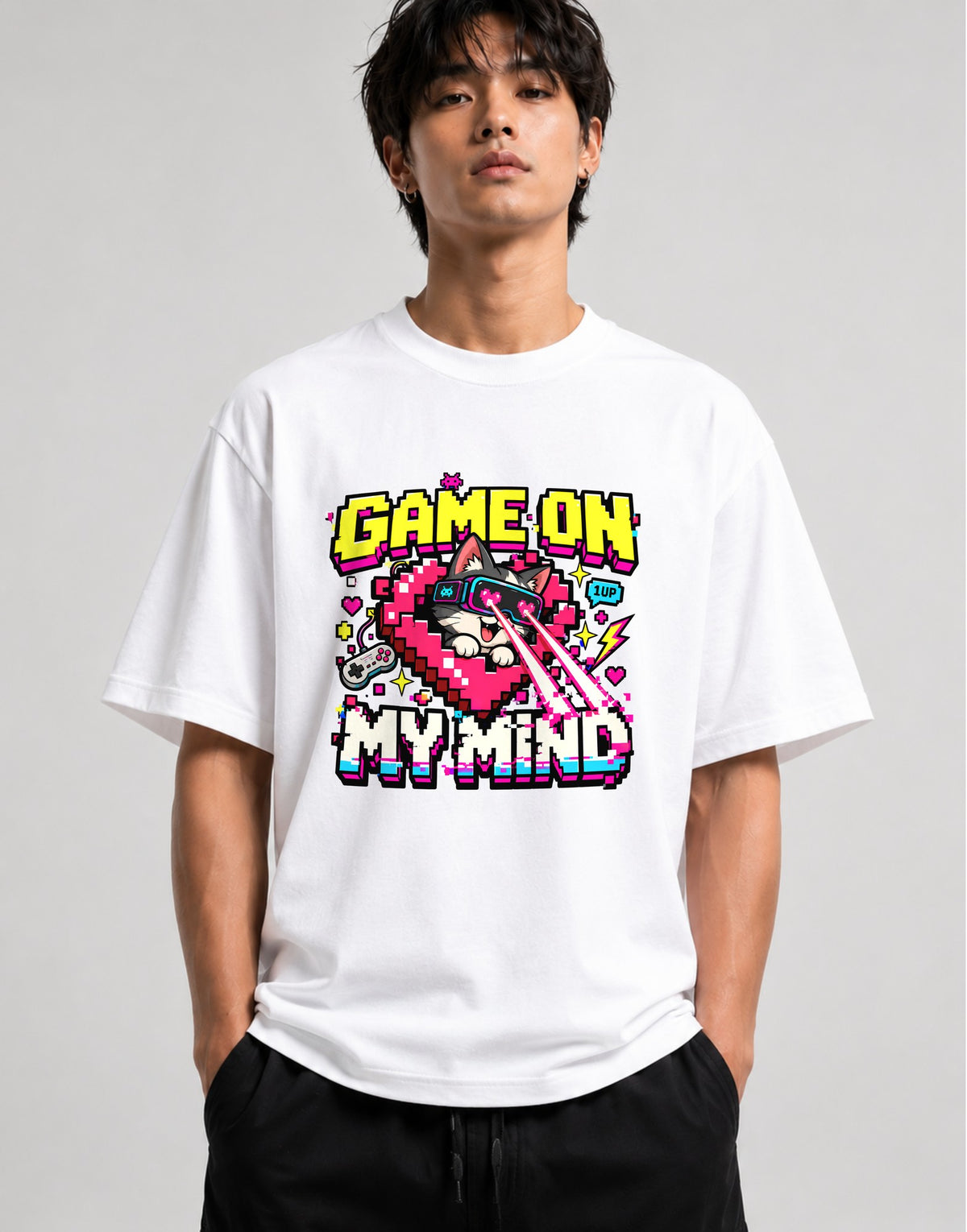 Game On Lvl Max Retro Gamer Shirt - Pixel Art Cat Gaming Tee - White