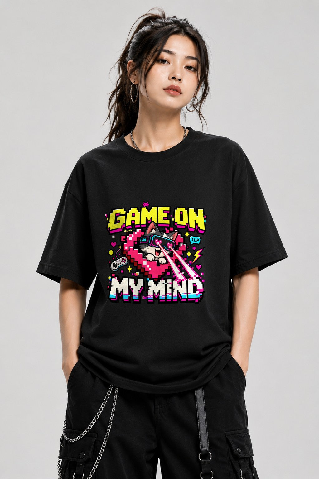 Game On Lvl Max Retro Gamer Shirt - Pixel Art Cat Gaming Tee - Black