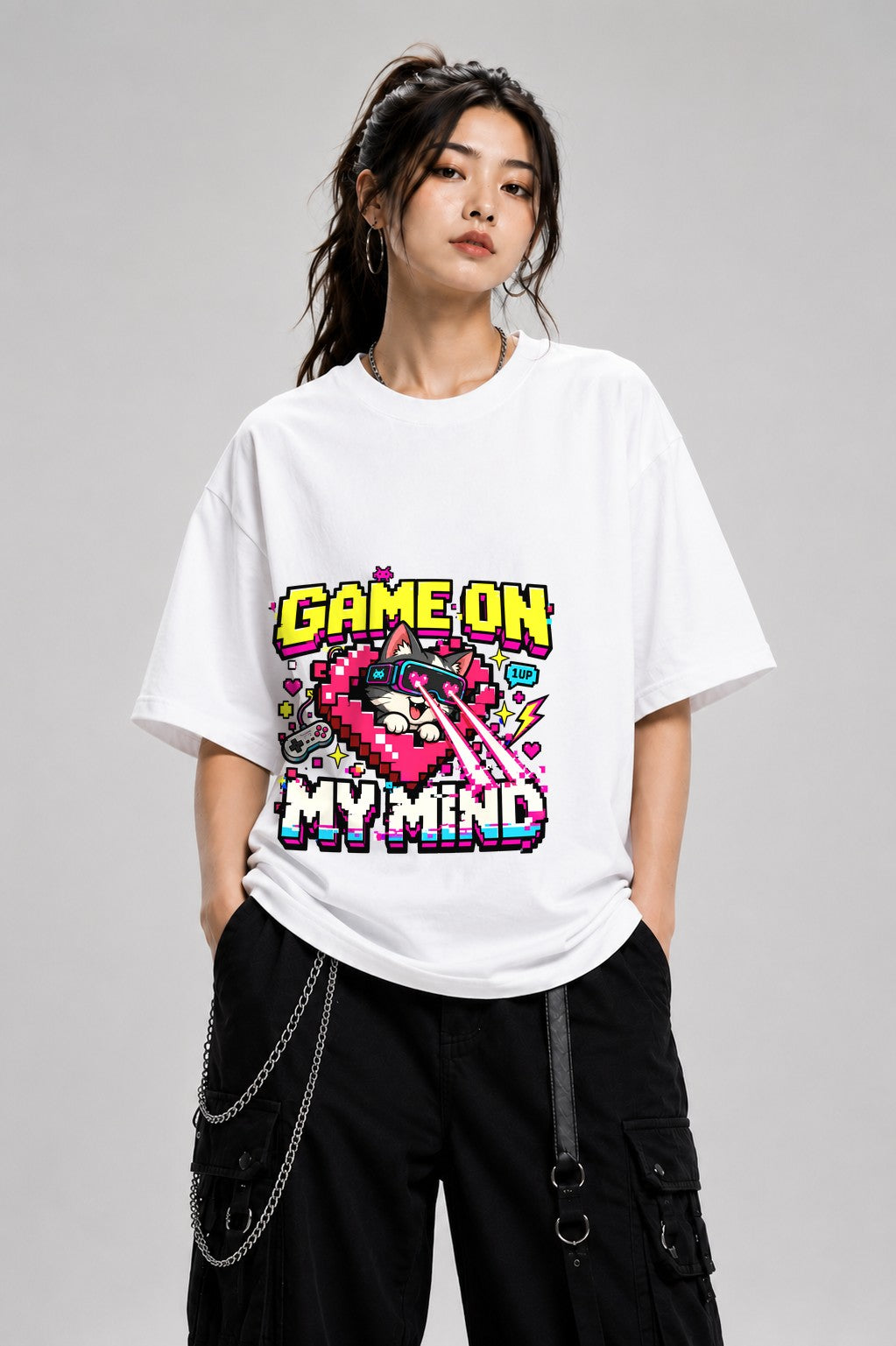 Game On Lvl Max Retro Gamer Shirt - Pixel Art Cat Gaming Tee - White
