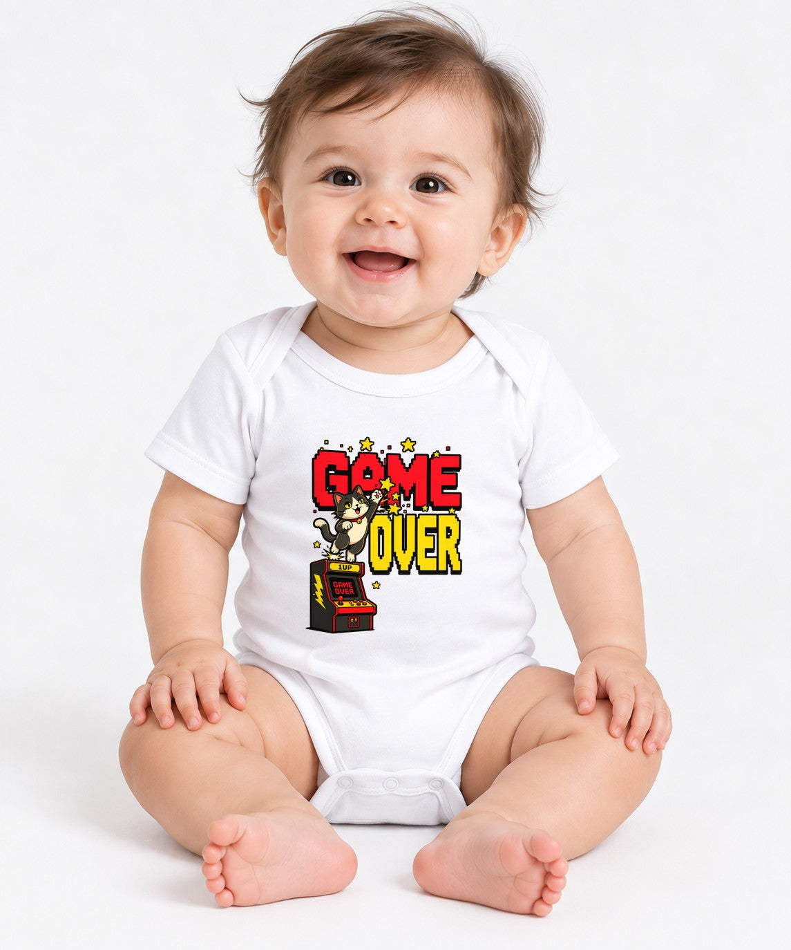 Game Over Cat Shirt - Retro Arcade Gamer Pixel Art Tee - White