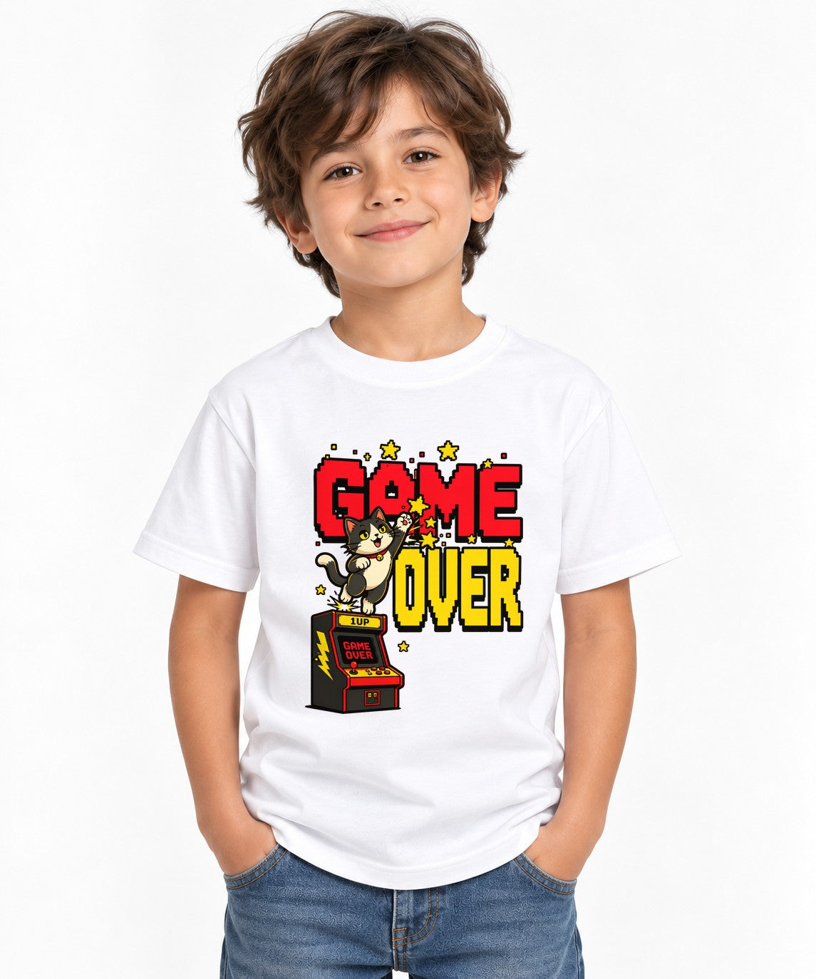 Game Over Cat Shirt - Retro Arcade Gamer Pixel Art Tee - White