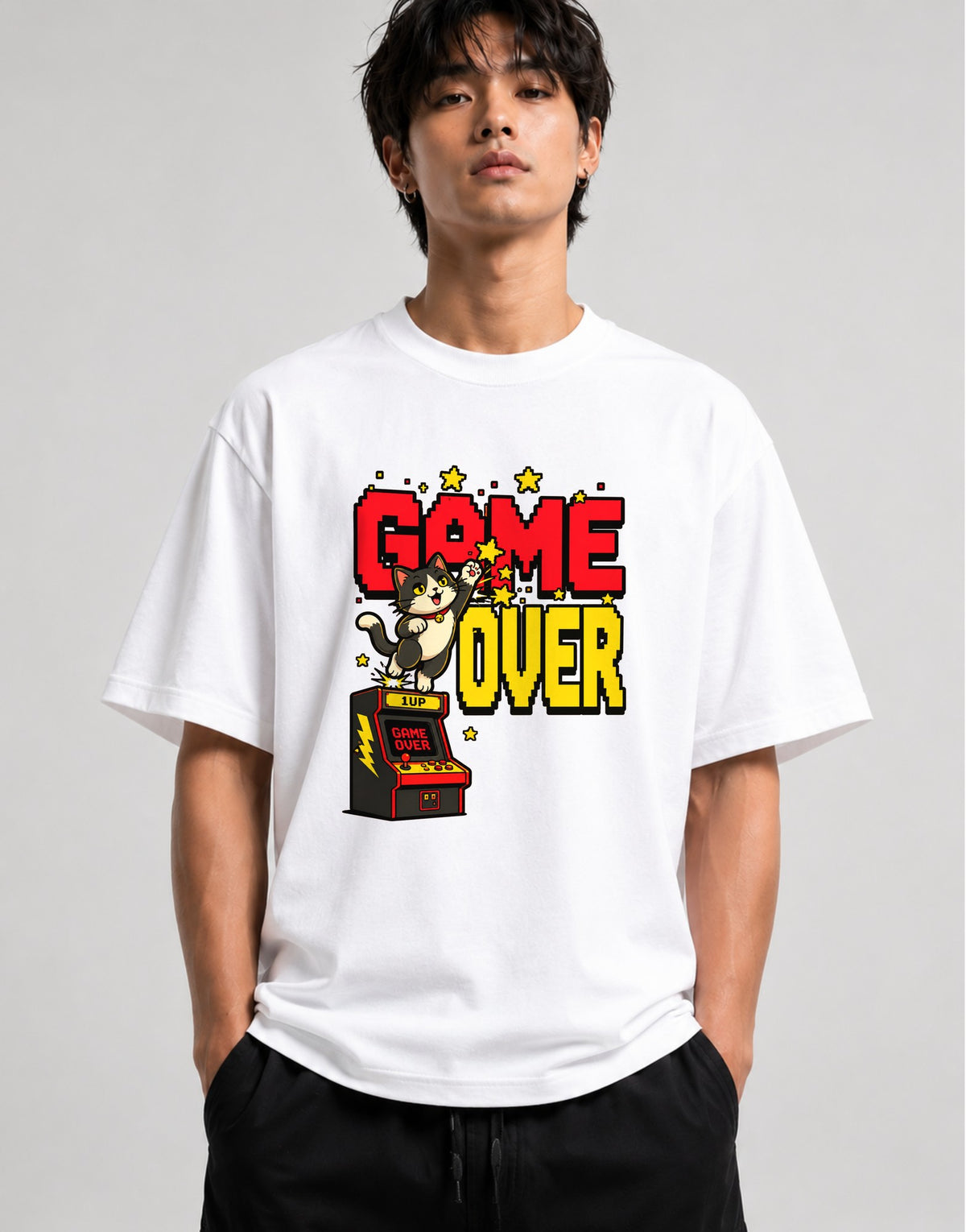 Game Over Cat Shirt - Retro Arcade Gamer Pixel Art Tee - White