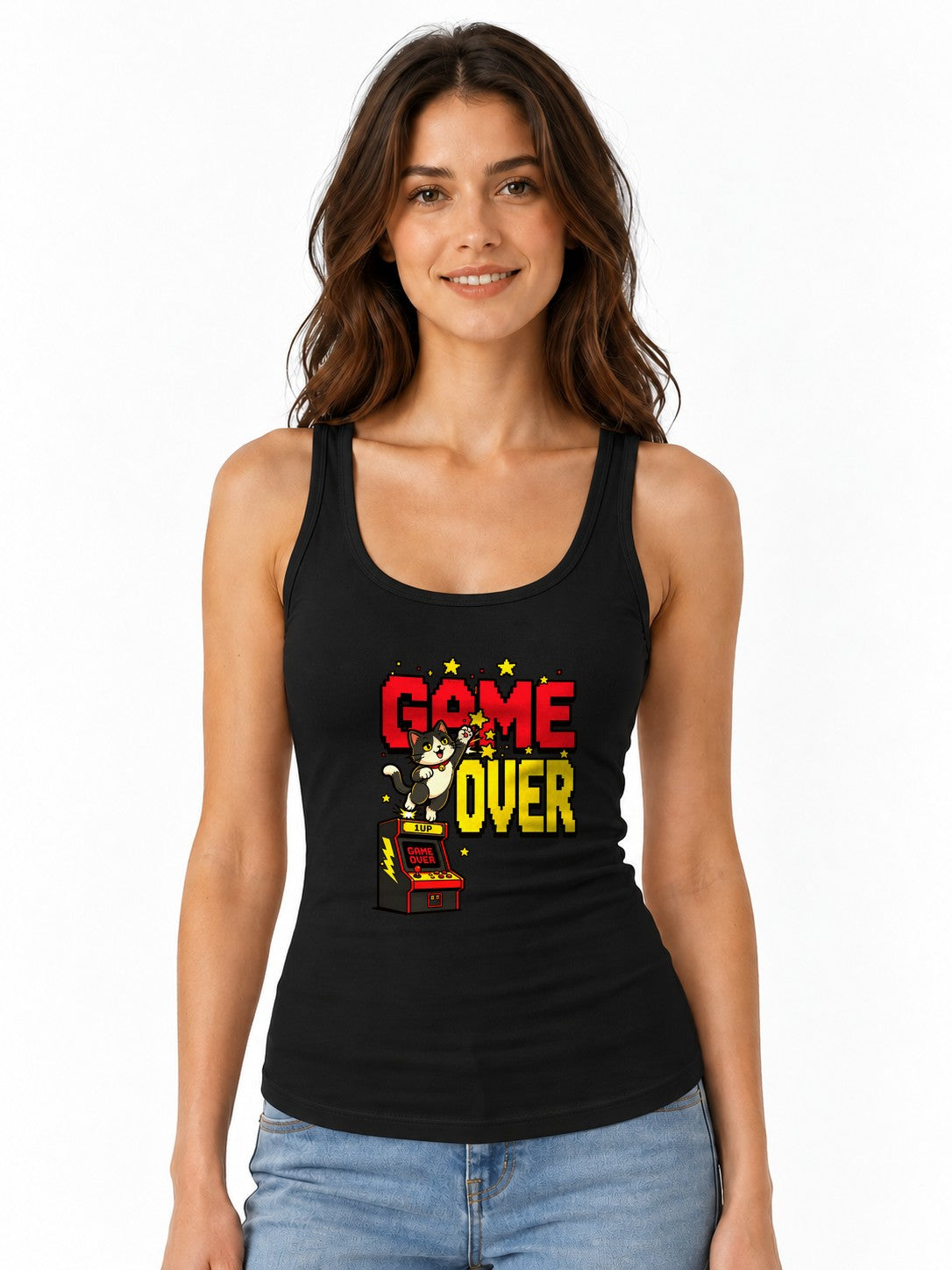 Game Over Cat Shirt - Retro Arcade Gamer Pixel Art Tee - Black