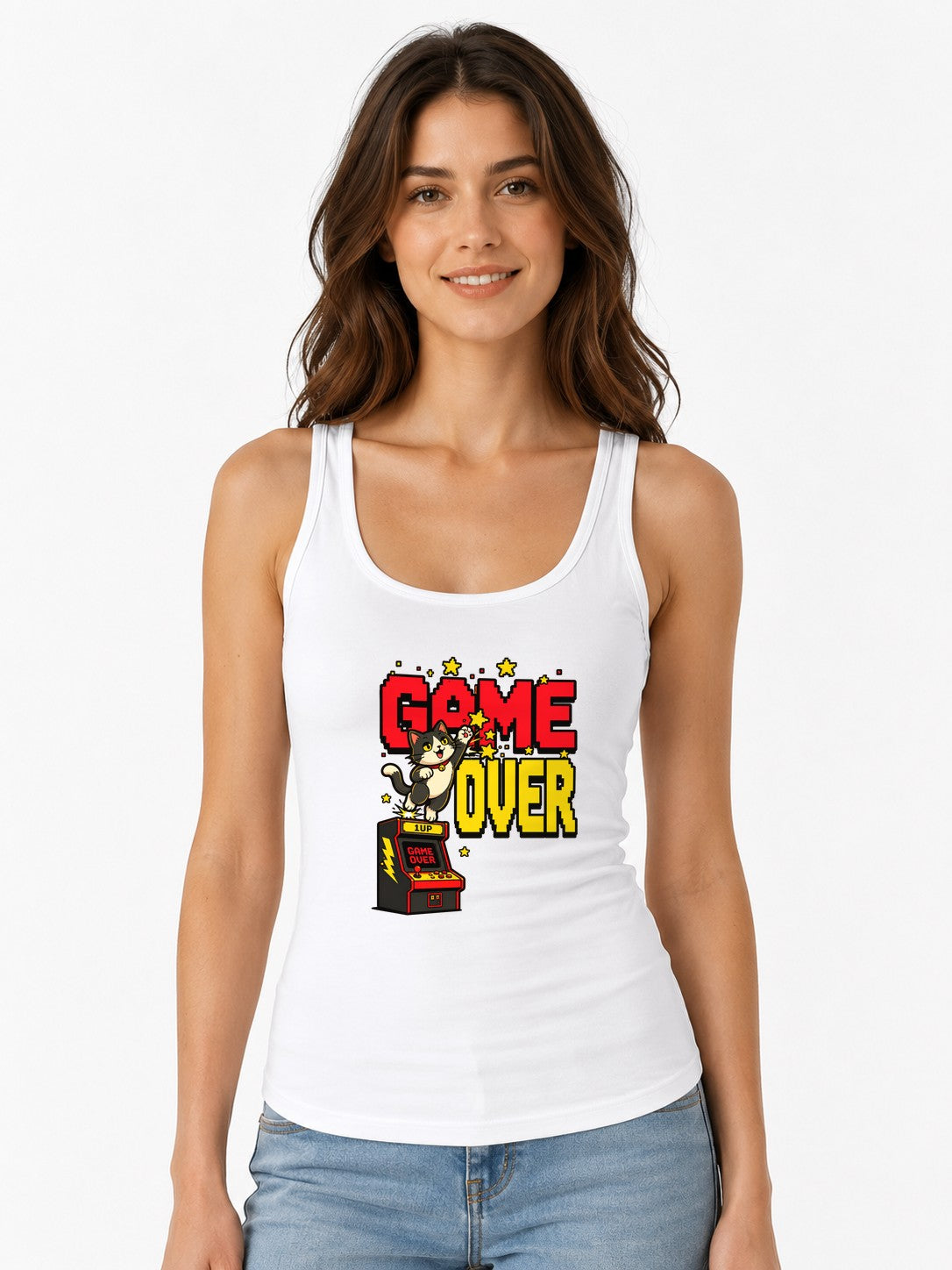 Game Over Cat Shirt - Retro Arcade Gamer Pixel Art Tee - White