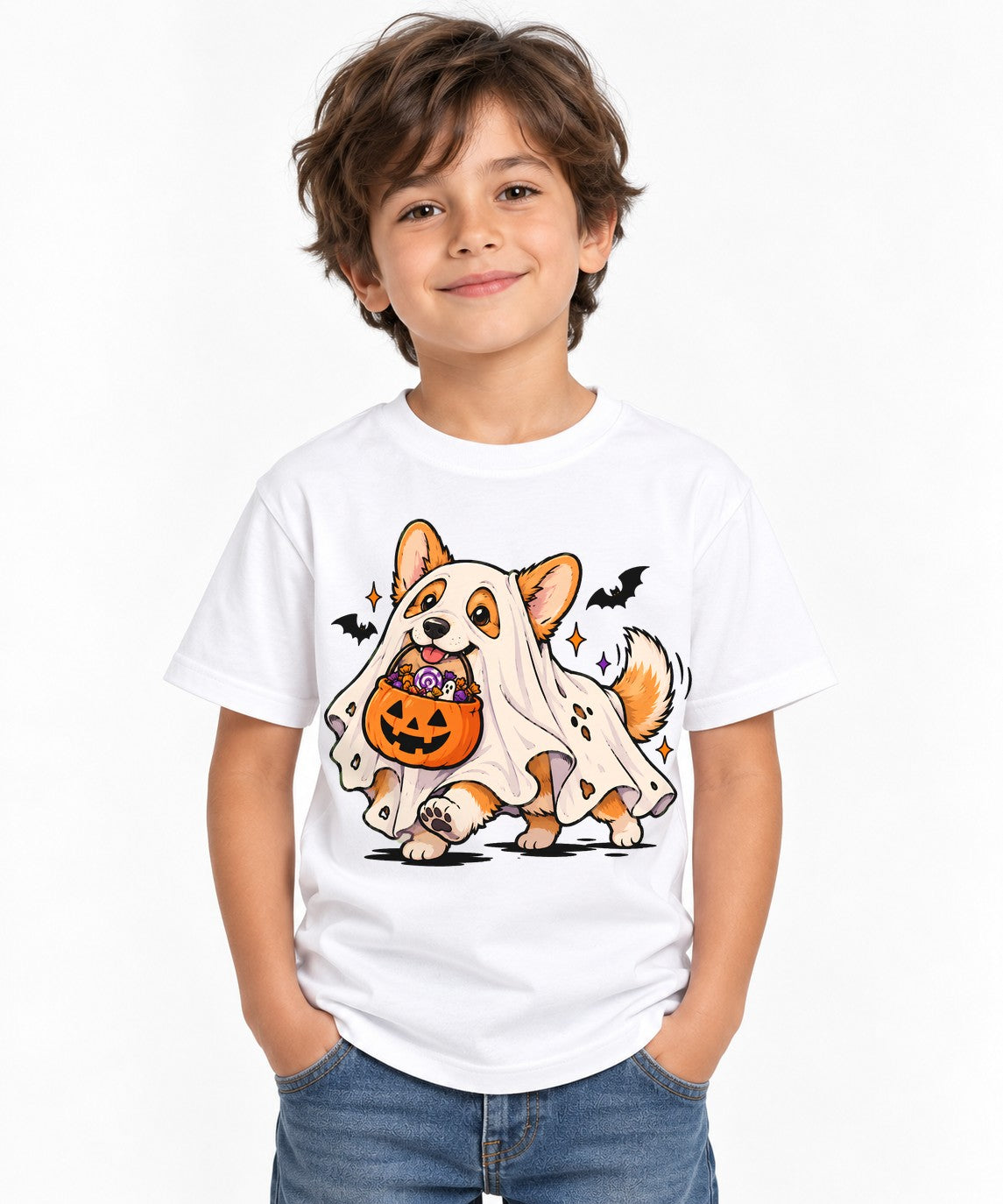 Ghost Corgi Trick or Treat - White