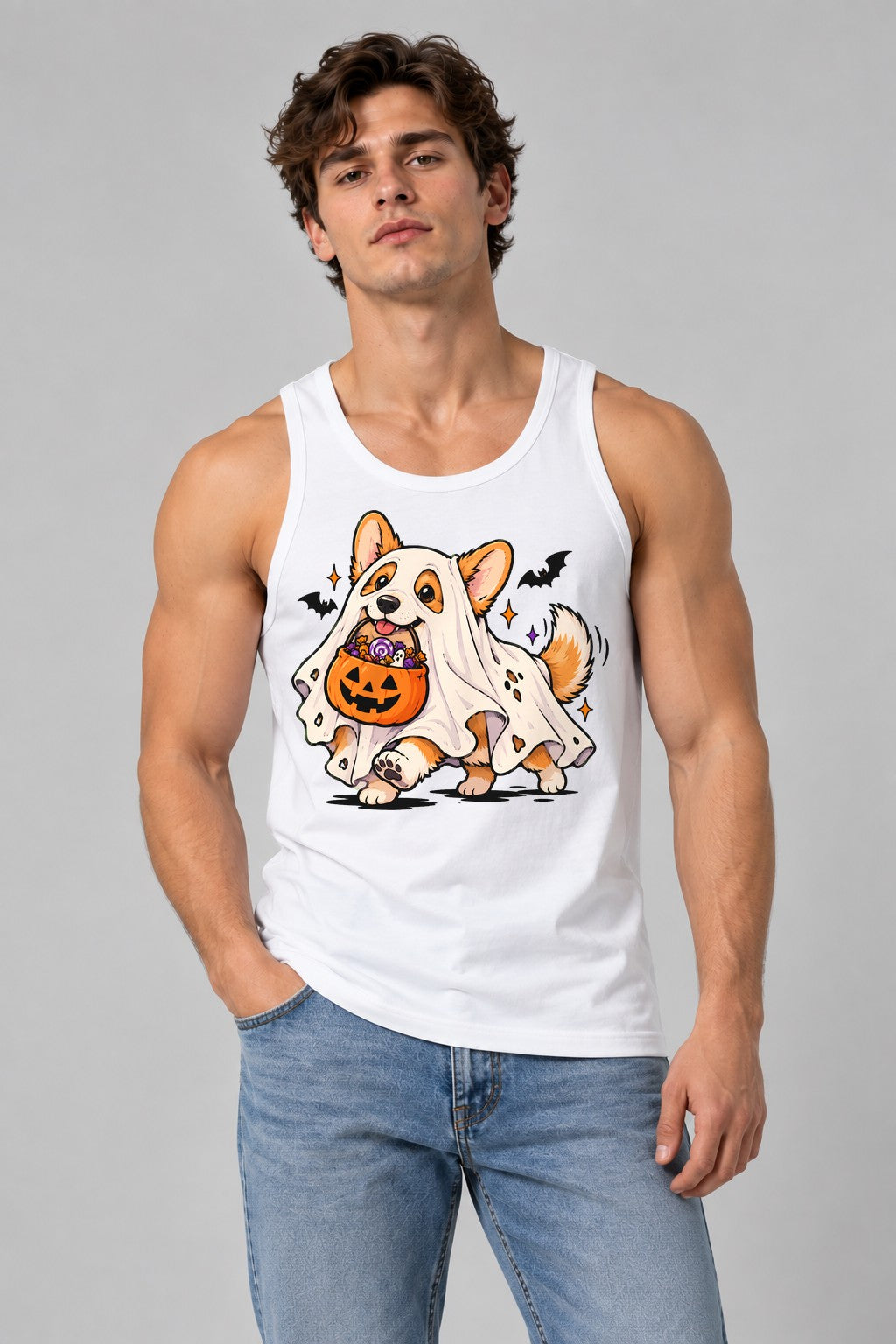 Ghost Corgi Trick or Treat - White